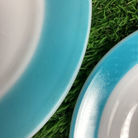 Vintage PYREX Turquoise Aqua Wide Rim Stripe Saucer Plates Set - Picture 7 of 9